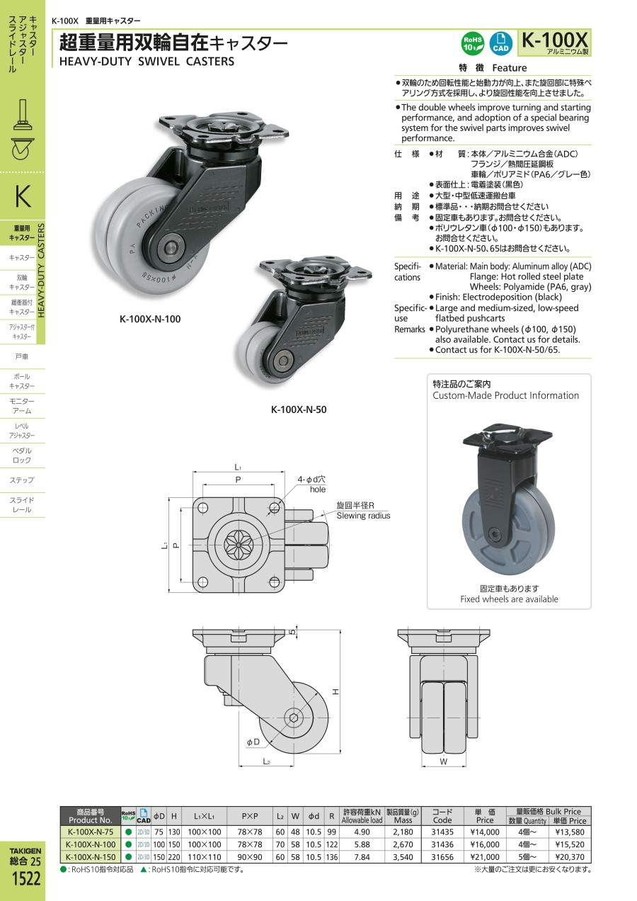 原裝進口日本瀧源腳輪TAKIGEN型號K-100X-N-10...